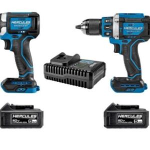 Kit combinado de 2 herramientas HERCULES : taladro percutor inalámbrico sin escobillas y atornillador de impacto de 20 V con (2) baterías de 5 Ah y cargador.