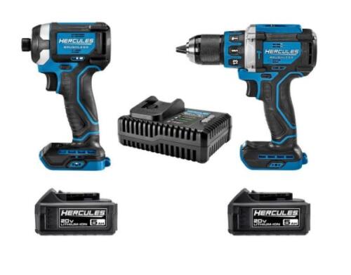 Kit combinado de 2 herramientas HERCULES : taladro percutor inalámbrico sin escobillas y atornillador de impacto de 20 V con (2) baterías de 5 Ah y cargador.